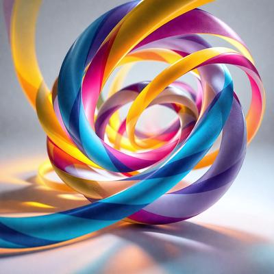 The primary subject of the image is a colorful, spiraling ribbon or streamer. The ribbon is wound around itself, creating a visually striking pattern. The setting is a white background, which provides a clean and uncluttered environment for the ribbon to stand out. The visual style of the image is a combination of photo and digital art, as the ribbon appears to be a real object photographed against a white background, while the spiraling pattern suggests a digital art or illustration. The dominant colors in the